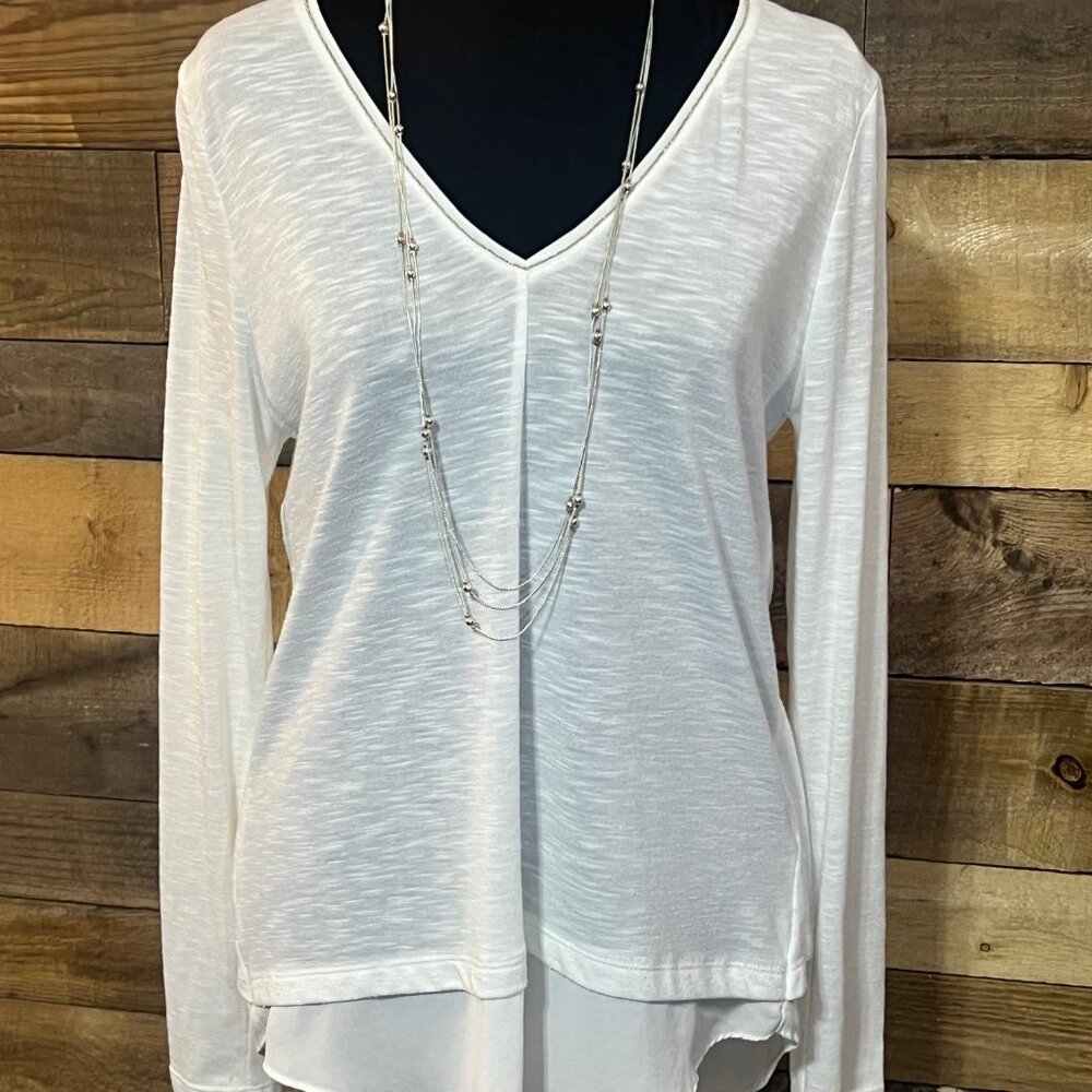 White House Black Market Blouse Long Sleeve V Neck w/ Silver Beading Medium